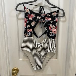 Floral and Striped Cut-Out One Piece